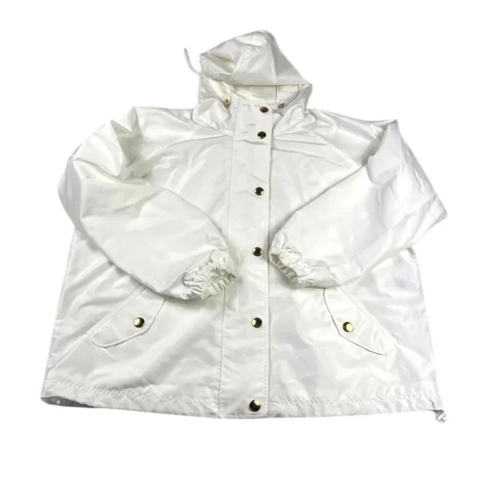 Chaps Hooded Raincoat Jacket White Full Zip Lightweight Water Repellent Size 1X